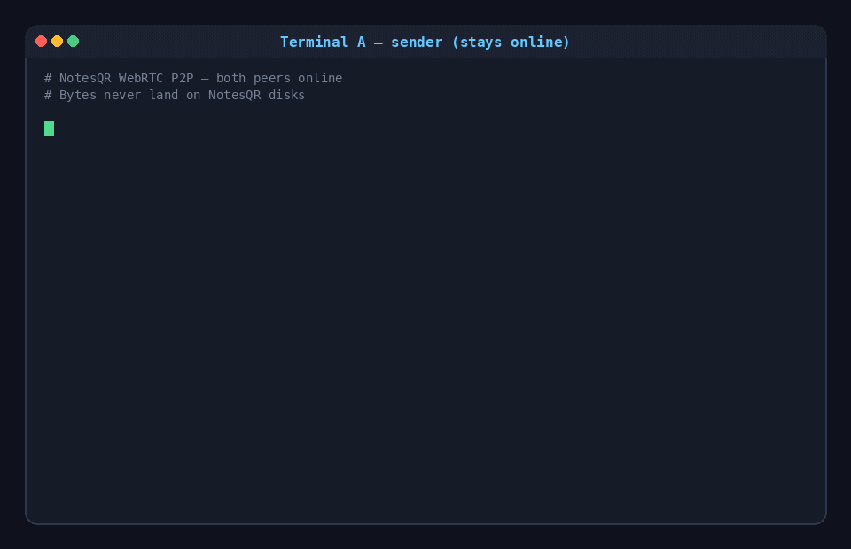 NotesQR CLI demo: WebRTC send, share URL, recv while both online